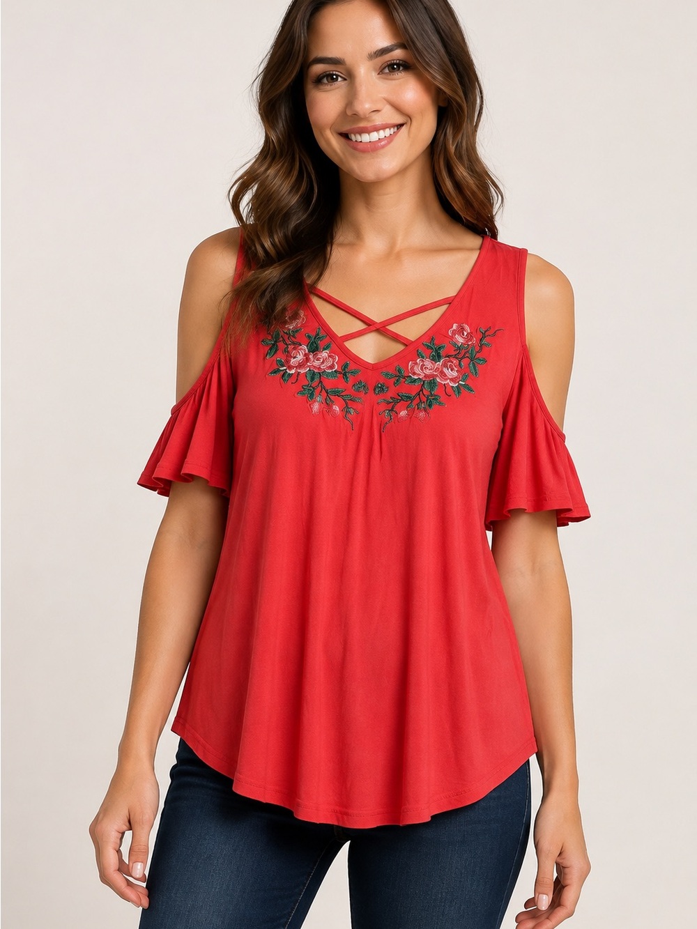 Women’s Red Cold-Shoulder Embroidered V-Neck Top